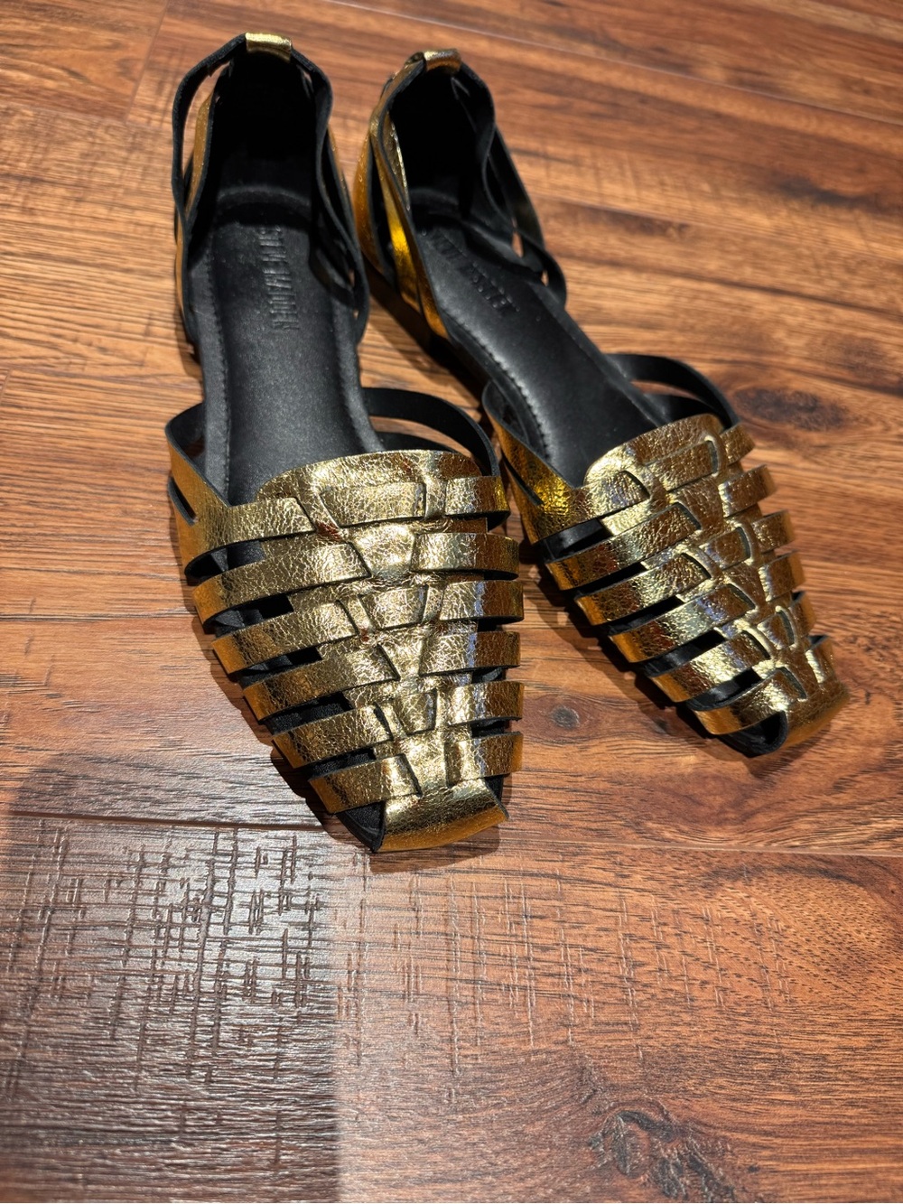 Gold Strappy Women’s Flat Sandals - Metallic Braided Design